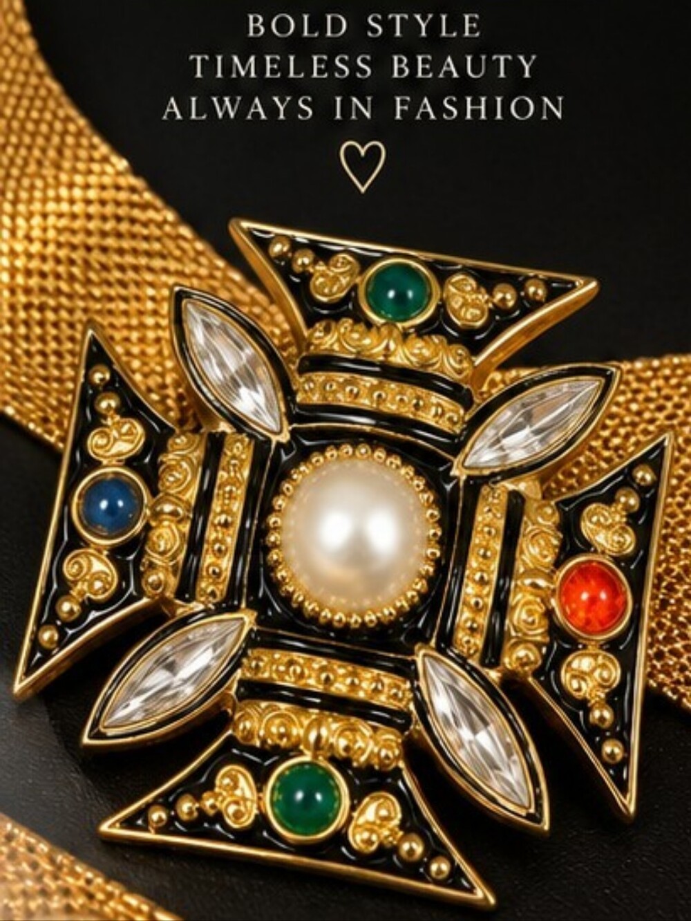 Vintage 1982 Gold Mesh Jeweled Maltese Cross Belt Glass Stones Pearl NOS